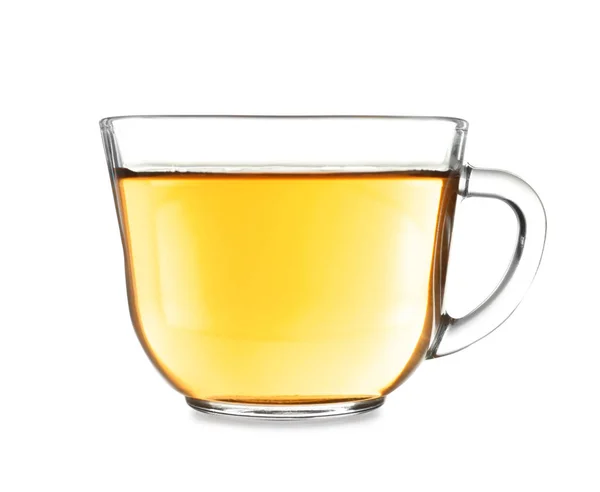 Heerlijke hete thee in glazen beker op witte achtergrond — Stockfoto
