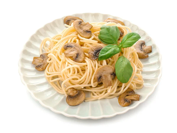 Plate of delicious pasta with mushrooms on white background — Stock Photo, Image