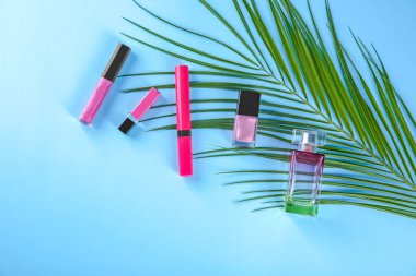 Renk arka plan üzerinde Dekoratif kozmetik ile düz yatıyordu kompozisyon