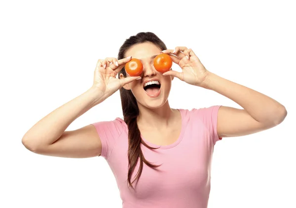 Legrační mladá žena s citrusových plodů na bílém pozadí — Stock fotografie