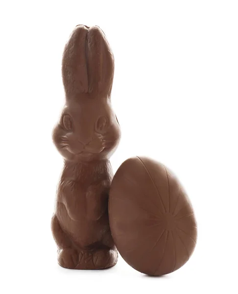 Chocolate Easter bunny and egg on white background — Stock Photo, Image
