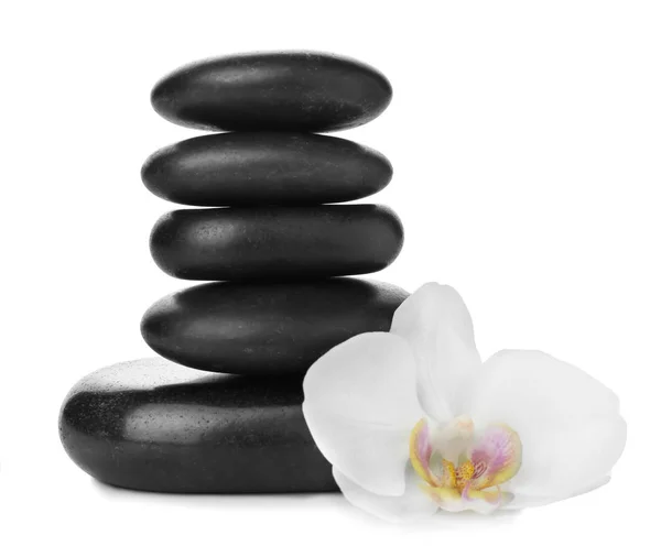 Piedras de spa y hermosa flor sobre fondo blanco — Foto de Stock
