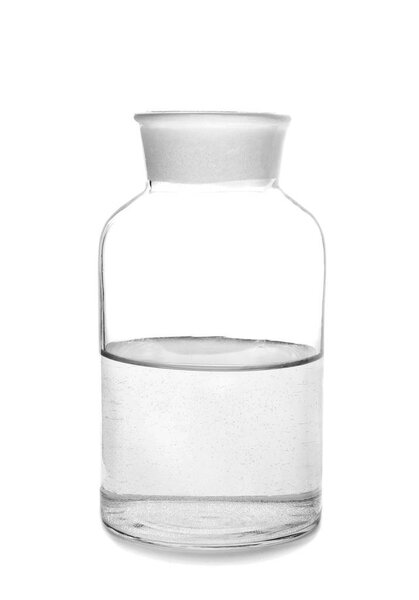 Glass bottle with water on white background