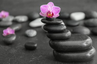 Spa taşlar ve masada güzel orkide çiçek yığını