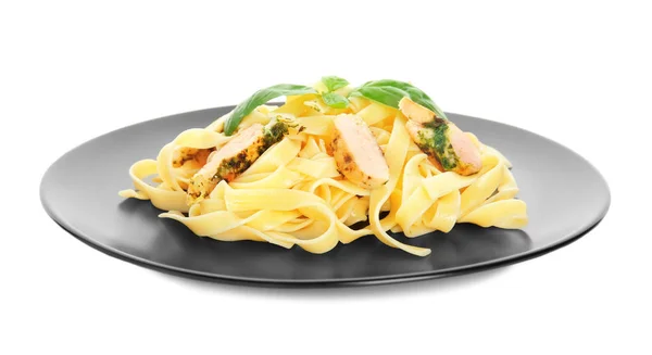 Plate of delicious pasta with chicken fillet on white background — Stock Photo, Image