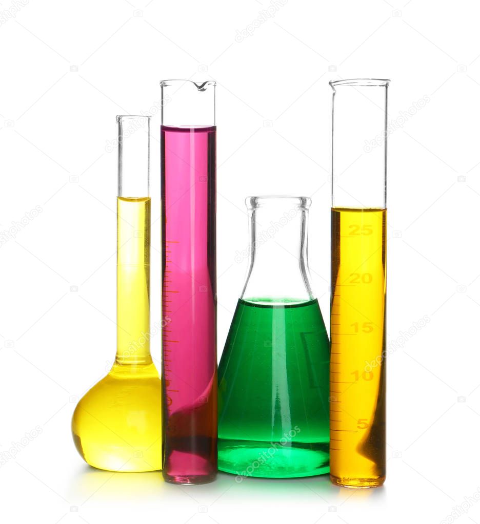 Chemical glassware with colorful samples on white background