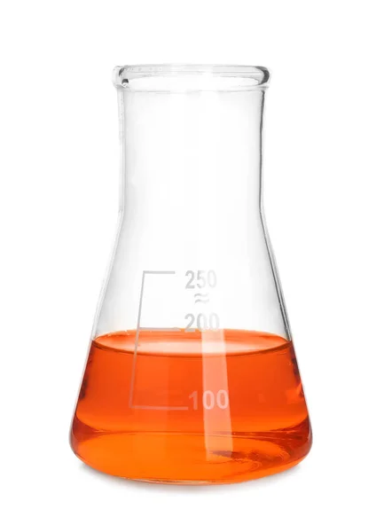 Test flask with orange liquid on white background — Stock Photo, Image