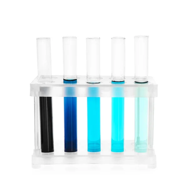 Rack with test tubes on white background — Stock Photo, Image