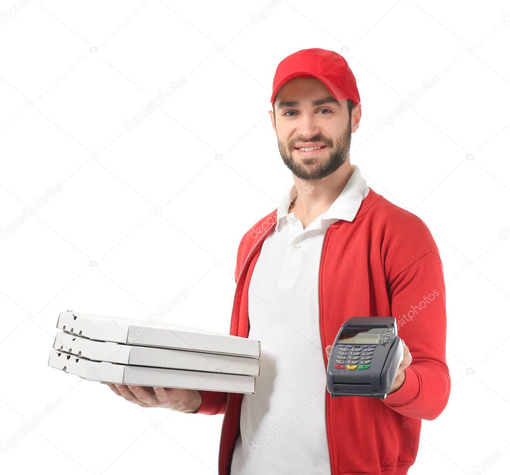 Delivery man with cardboard pizza boxes and payment terminal on white background
