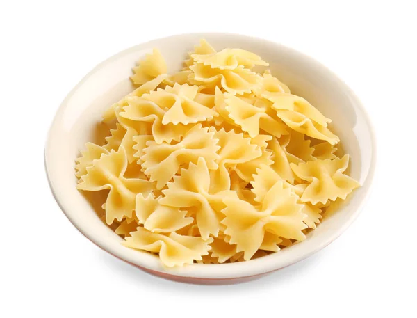 Bowl with raw pasta on white background — Stock Photo, Image