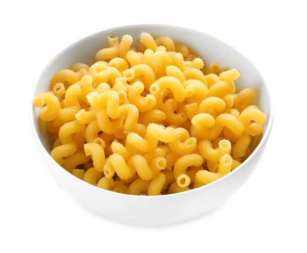 Bowl with raw pasta on white background — Stock Photo, Image