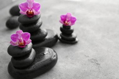 Spa taşlar ve gri masaya güzel orkide çiçek