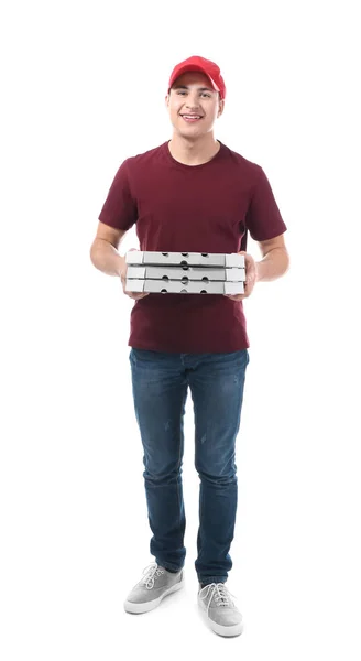 Entrega homem com caixas de pizza de papelão no fundo branco — Fotografia de Stock