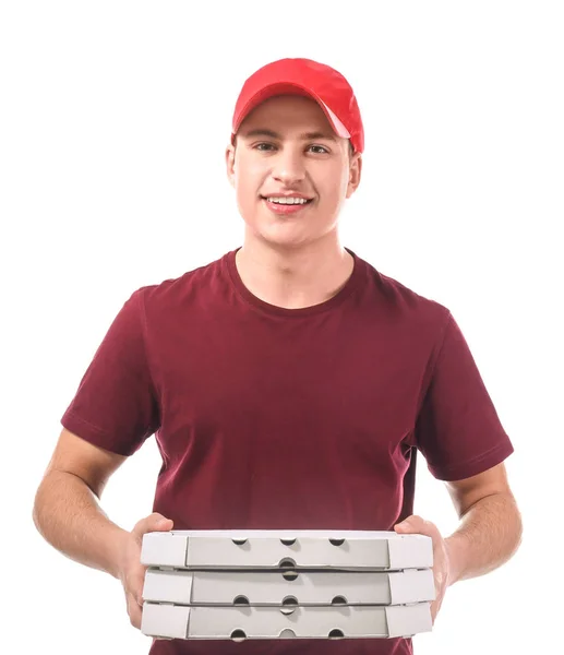 Entrega hombre con cajas de pizza de cartón sobre fondo blanco — Foto de Stock