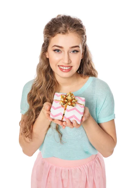 Beautiful young woman with gift box on white background — Stock Photo, Image