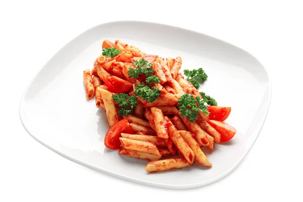 Plate of tasty pasta with tomato sauce on white background — Stock Photo, Image