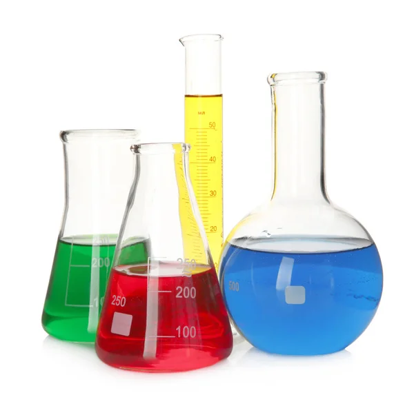 Test flasks with color samples on white background — Stock Photo, Image