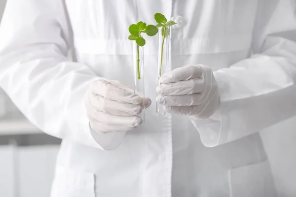 Test tüpleri bitkiler, closeup ile tutarak laboratuar işçisi — Stok fotoğraf