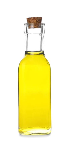 Botella con aceite de oliva sobre fondo blanco — Foto de Stock