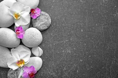 Spa taşlar ve koyu arka plan üzerinde güzel orkide çiçekler