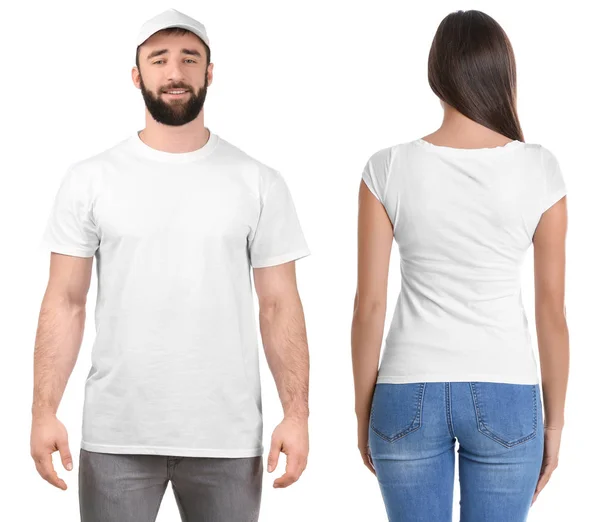 Young people in stylish t-shirts on white background, front and back views. Mockup for design — Stock Photo, Image