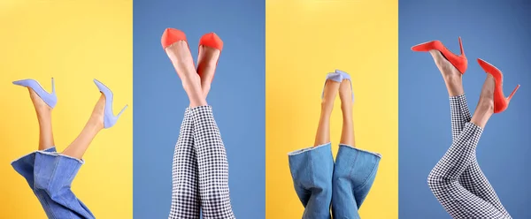 Wanita muda dengan sepatu bergaya dengan latar belakang warna — Stok Foto