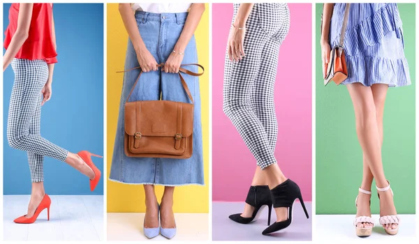 Junge Frauen in verschiedenen stilvollen Schuhen auf farbigem Hintergrund — Stockfoto