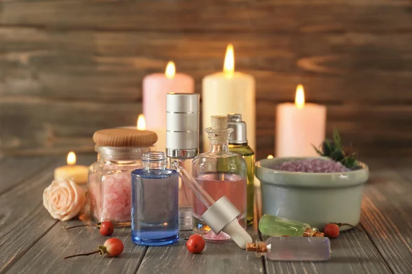 Composition with bottles of essential oils on table. Natural cosmetics — Stock Photo, Image