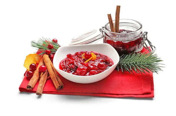 Composition with cranberry sauce on red cloth — Stock Photo, Image