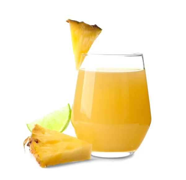 Glass of sweet juice with pineapple slices on white background — Stock Photo, Image