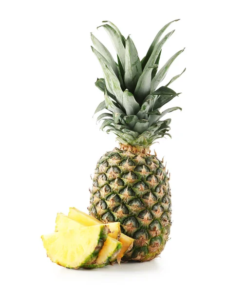 Whole fresh pineapple and slices on white background — Stock Photo, Image