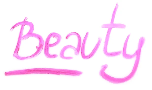 Word BEAUTY written with lipstick on white background. Professional cosmetics — Stock Photo, Image