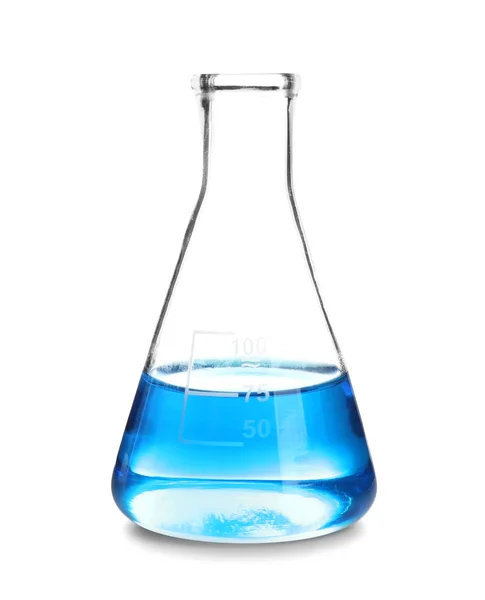 Laboratory glassware with blue liquid on white background — Stock Photo, Image