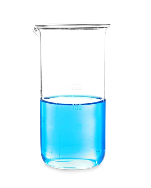Laboratóriumi üvegáru kék folyadékkal fehér alapon — Stock Fotó