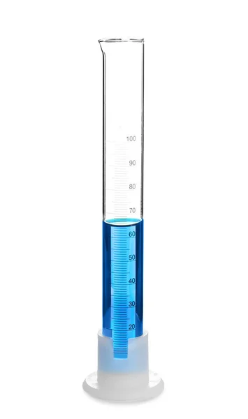 Graduated cylinder with blue liquid on white background — Stock Photo, Image