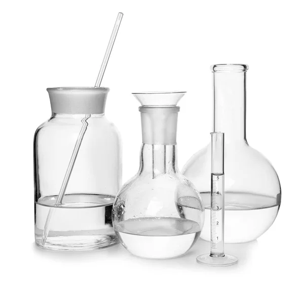 Different laboratory glassware on white background — Stock Photo, Image
