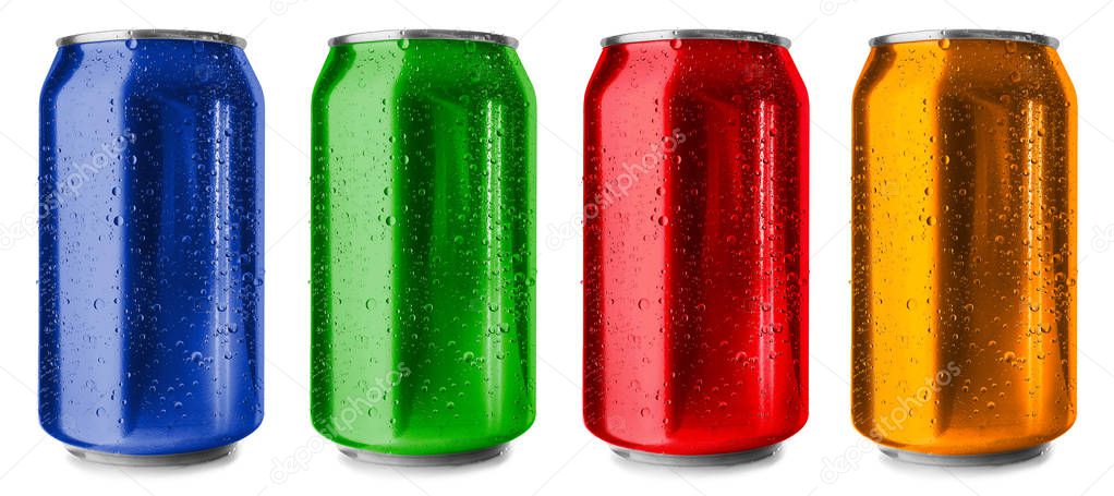 Colorful cans on white background
