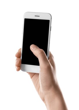 Smartphone beyaz arka plan üzerinde tutan genç kadın