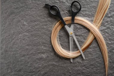 Berber makası ve gri arka plan, üstten görünüm üzerinde sarışın saç teli