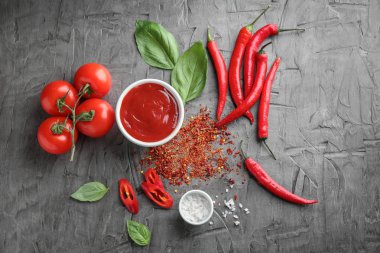 Kırmızı sos ve gri arka plan, üstten görünüm üzerinde sebze ile kase