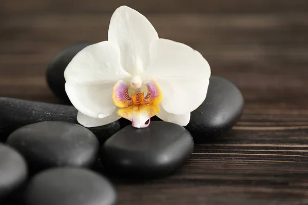 Spa stones with beautiful orchid flower on wooden background — Stock Photo, Image
