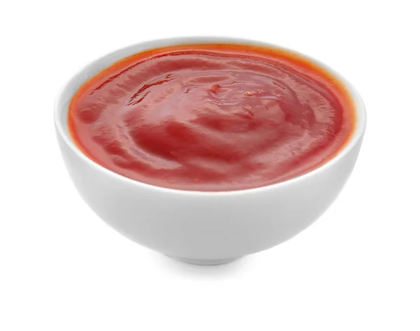 Beyaz arka plan üzerinde kase lezzetli barbekü sosu — Stok fotoğraf