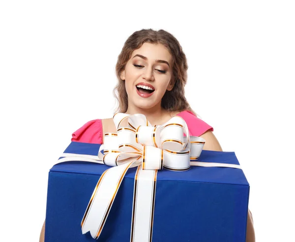 Beautiful young woman with big gift box on white background — Stock Photo, Image