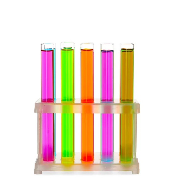 Test tubes with colorful samples on white background — Stock Photo, Image