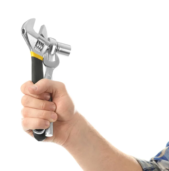 Mão de carro mecânico segurando ferramentas no fundo branco — Fotografia de Stock
