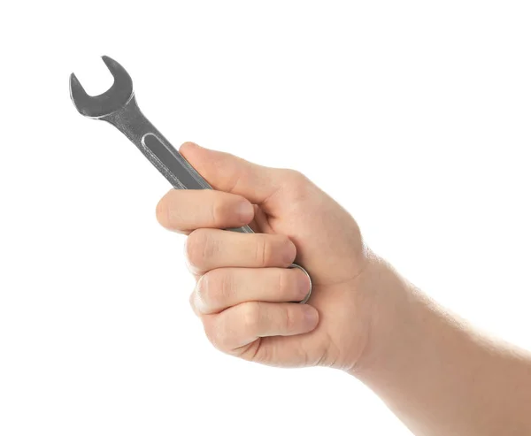 Hand of car mechanic holding wrench on white background — Stock Photo, Image