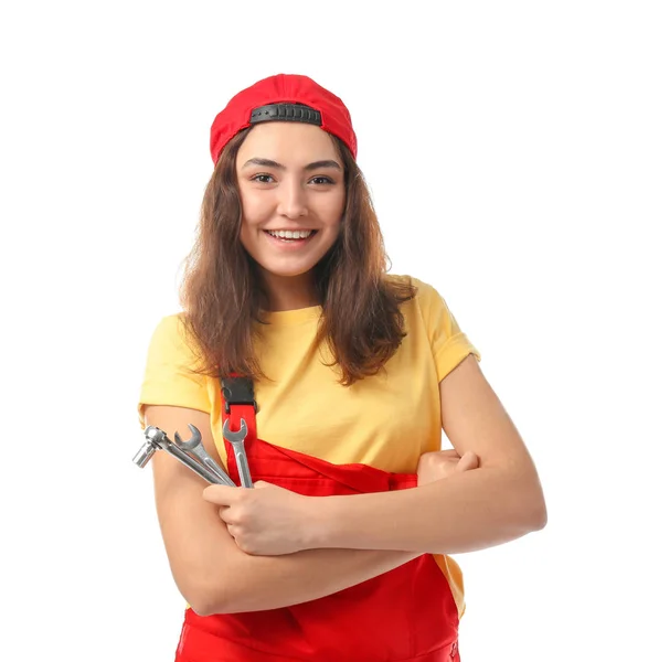 Meccanica donna in uniforme con strumenti su fondo bianco — Foto Stock