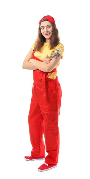 Female mechanic in uniform with instruments on white background — Stock Photo, Image