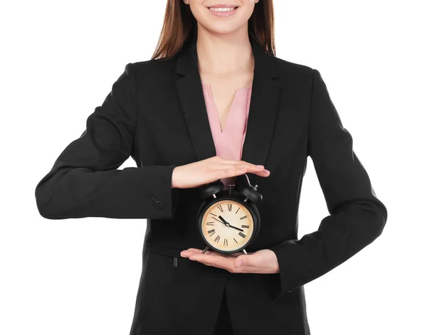 Frau mit Uhr auf weißem Hintergrund. Zeitmanagement-Konzept — Stockfoto