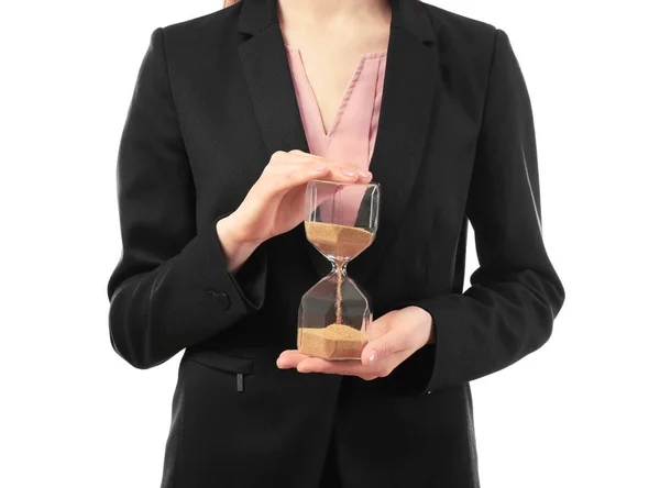 Woman holding hourglass on white background. Time management concept — Stock Photo, Image